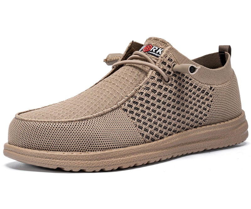 LARNMERN Slip On Steel Toe Shoes Men Lightweight Comfortable Lounging Walking Sneakers Safety Work Steel Toe Loafers (7.5 Men, Khaki) - Image 1