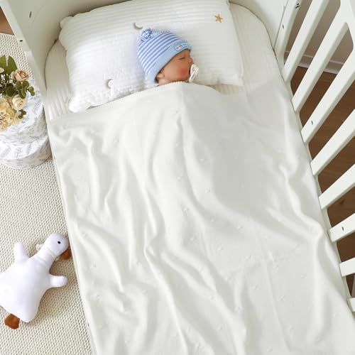Neiwech Cotton Baby Blanket Knit Soft Cozy Lightweight Crib Stroller Nursery Receiving Swaddling Blankets for Newborn Infants Boys Girls White 30x40 Inch - Image 4