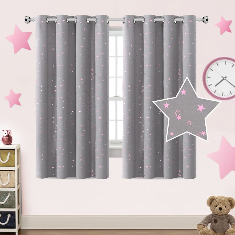 PrinceDeco Blackout Kids Curtains for Bedroom Thermal Insulated Pink Twinkle Star Curtains for Boys Girls Antique Grommet Top Window Treatment 2 Panels Drape for Nursery 52 W x 63 L GreyPink