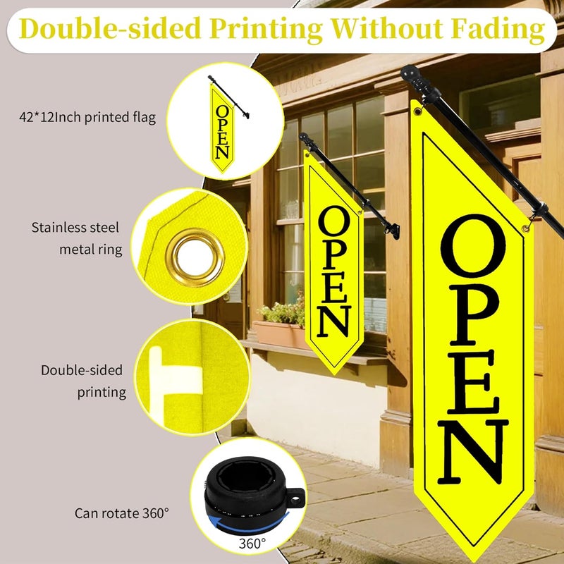 yeload 2 Pack OPEN Flag with Pole Kit - Heavy Duty Canvas Open Banner for Business Storefront, 42x12 Inch Outdoor Double-Sided Sign with Bracket - Advertising Signage for Retail & Shops (Yellow) - Image 3