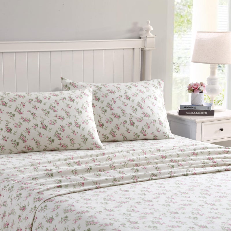 Laura Ashley  Full Sheets Cotton Flannel Bedding Set Brushed for Extra Softness  Comfort Audrey Pink Full