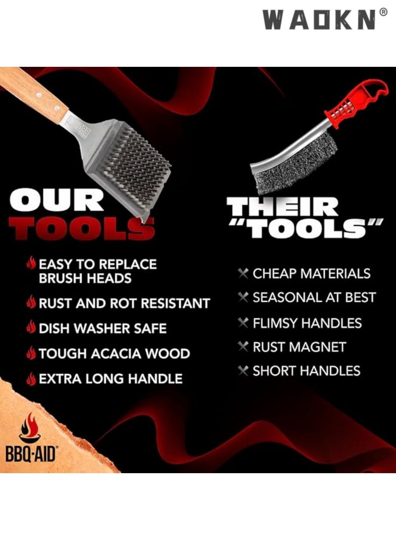 دبليو أيه أو كي أن فرشاة شواء ومكشطة شواء من BBQ Aid - فرشاة شواء للشواء في الهواء الطلق بمقبض خشبي كبير ممتد ورأس شعيرات من الفولاذ المقاوم للصدأ قابل للاستبدال - لا تسبب خدشًا - فرشاة شواء لأي شواية - Image 3