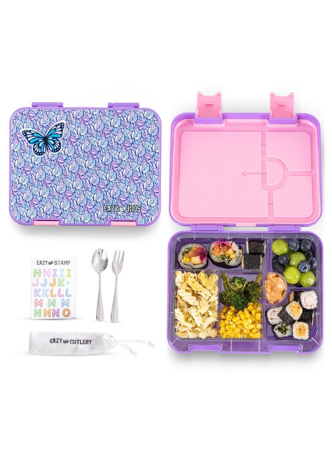 Eazy Kids Eazy Kids 6 & 4 Convertible Bento Lunch Box w/ Lunch Bag, Steel Spoon & Fork Set and Alphabets Sticker - Butterfly Purple  - Image 3