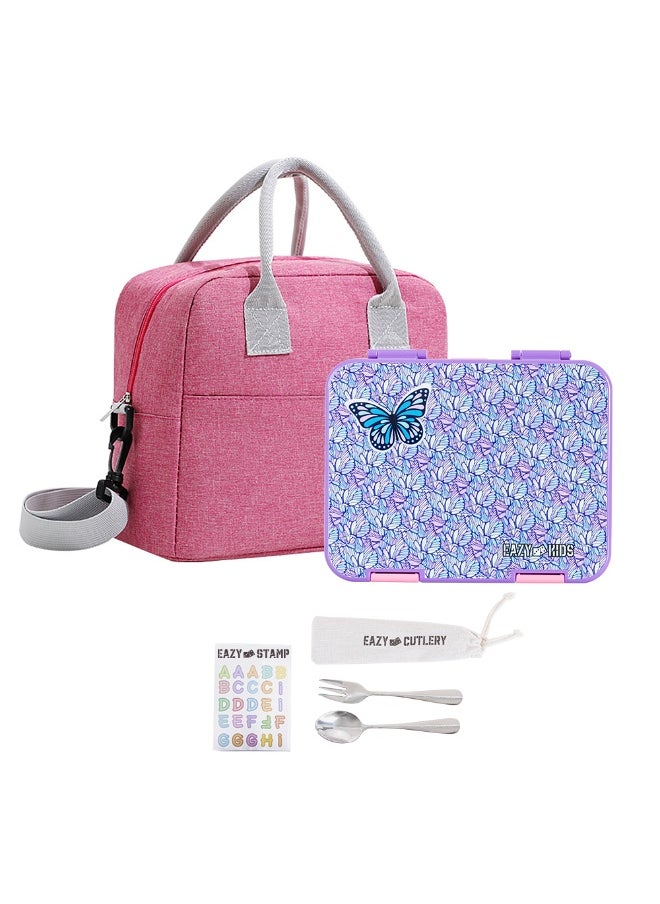 Eazy Kids Eazy Kids 6 & 4 Convertible Bento Lunch Box w/ Lunch Bag, Steel Spoon & Fork Set and Alphabets Sticker - Butterfly Purple  - Image 1