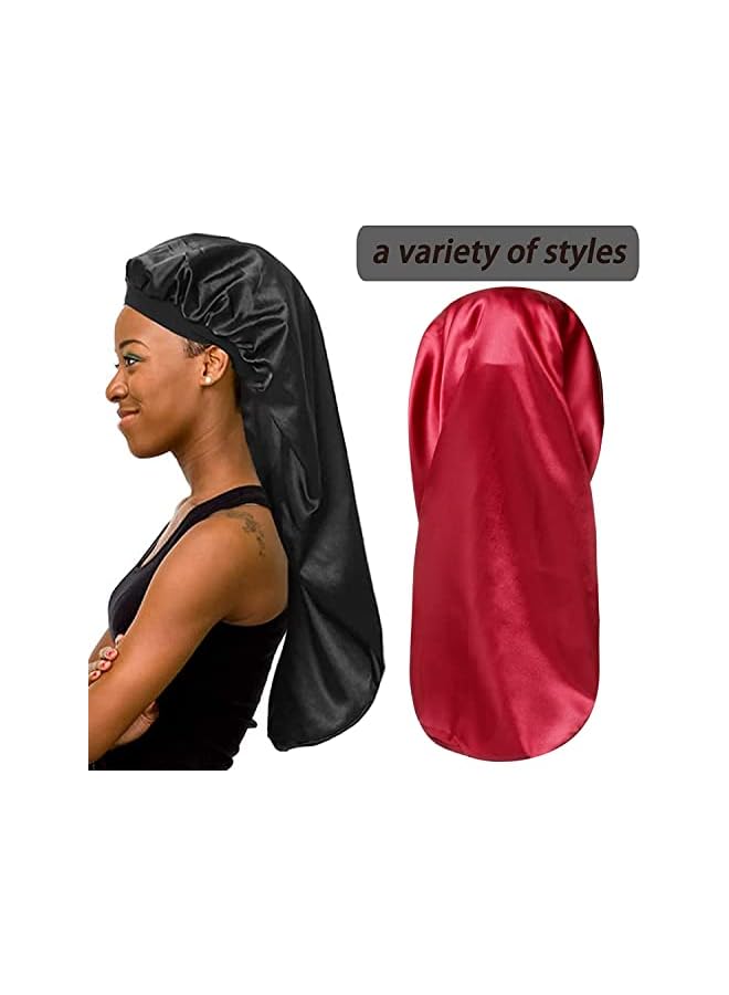 Zaboon Bonnet Sleep Cap Silk Bonnet For Natural Hair Long Extra Large Bonnets For Women Night Sleepwide Elastic Band Very Soft And Comfortable Black+Red - Image 2