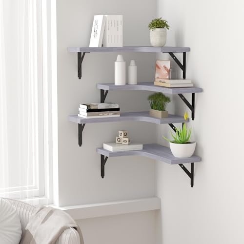 ROMGUAR CRAFT Corner Floating Shelves Wall Mounted Set of 4, Rustic Wood Storage Display Shelves for Home Decor, Bathroom, Kitchen, Bedroom, Living Room, Office (Light Grey) - Image 5