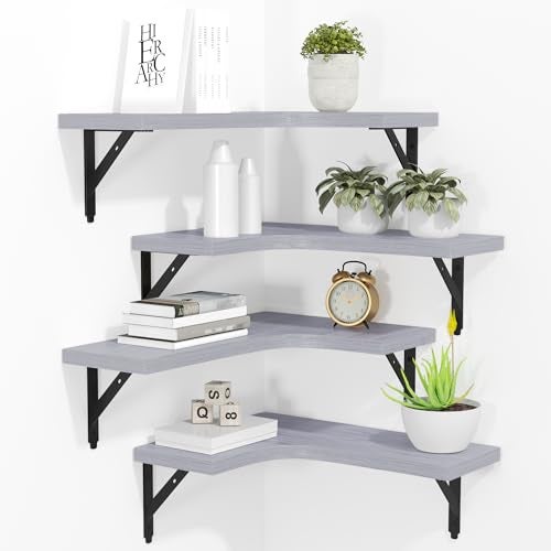 ROMGUAR CRAFT Corner Floating Shelves Wall Mounted Set of 4, Rustic Wood Storage Display Shelves for Home Decor, Bathroom, Kitchen, Bedroom, Living Room, Office (Light Grey) - Image 1