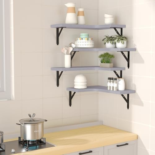 ROMGUAR CRAFT Corner Floating Shelves Wall Mounted Set of 4, Rustic Wood Storage Display Shelves for Home Decor, Bathroom, Kitchen, Bedroom, Living Room, Office (Light Grey) - Image 4