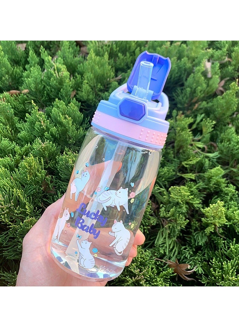 AUTOYSUR زجاجات مياه، كوب ماء بلاستيكي كرتوني، زجاجات مياه للأطفال بقشة، زجاجة مياه شرب للأطفال سعة 480 مل، بمقبض حمل وزر سهل الاستخدام، كوب محكم الغلق ومضاد للتسرب بقشة (أرجواني) - Image 1