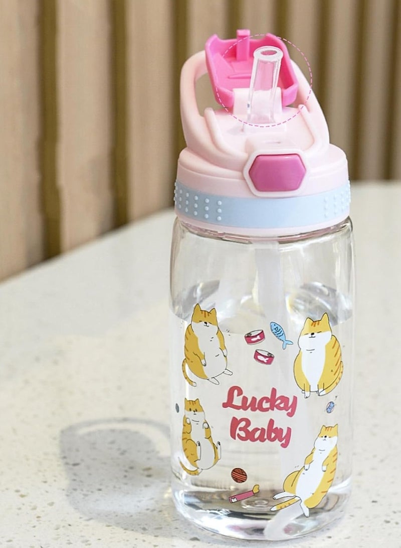 AUTOYSUR زجاجات مياه، كوب ماء بلاستيكي كرتوني، زجاجات مياه للأطفال بقشة، زجاجة مياه شرب للأطفال سعة 480 مل، بمقبض حمل وزر سهل الاستخدام، كوب محكم الغلق ومضاد للتسرب بقشة (أرجواني) - Image 4