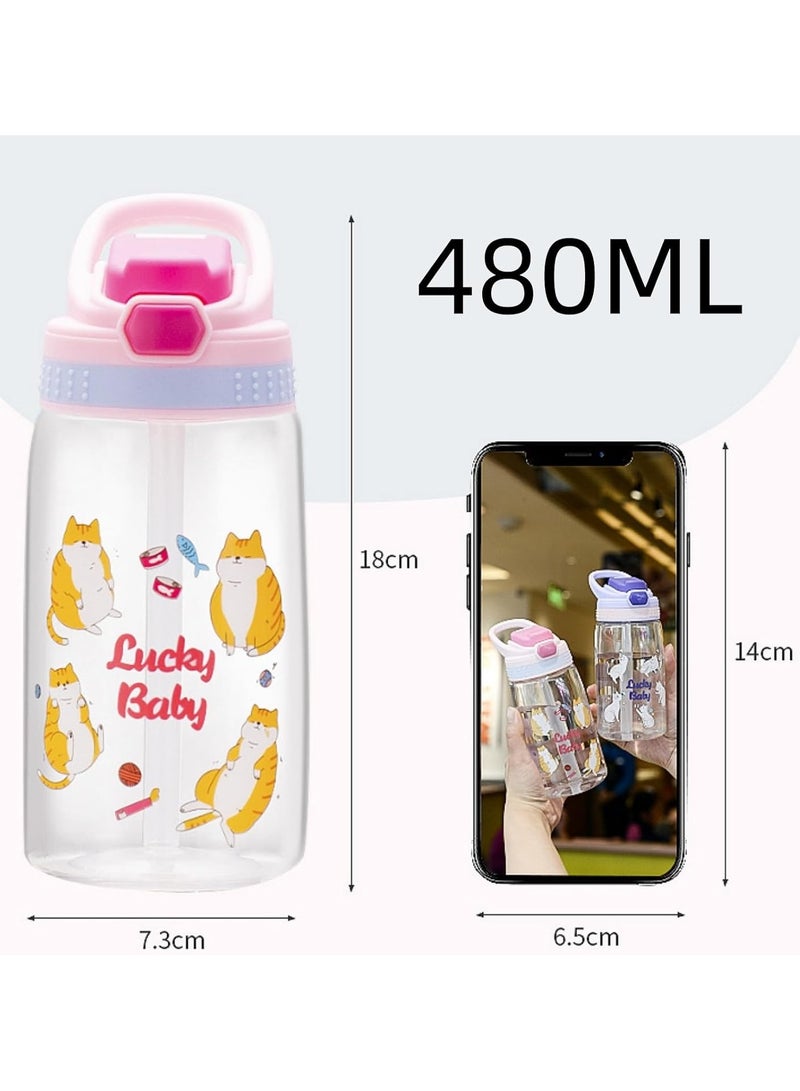 AUTOYSUR زجاجات مياه، كوب ماء بلاستيكي كرتوني، زجاجات مياه للأطفال بقشة، زجاجة مياه شرب للأطفال سعة 480 مل، بمقبض حمل وزر سهل الاستخدام، كوب محكم الغلق ومضاد للتسرب بقشة (أرجواني) - Image 3