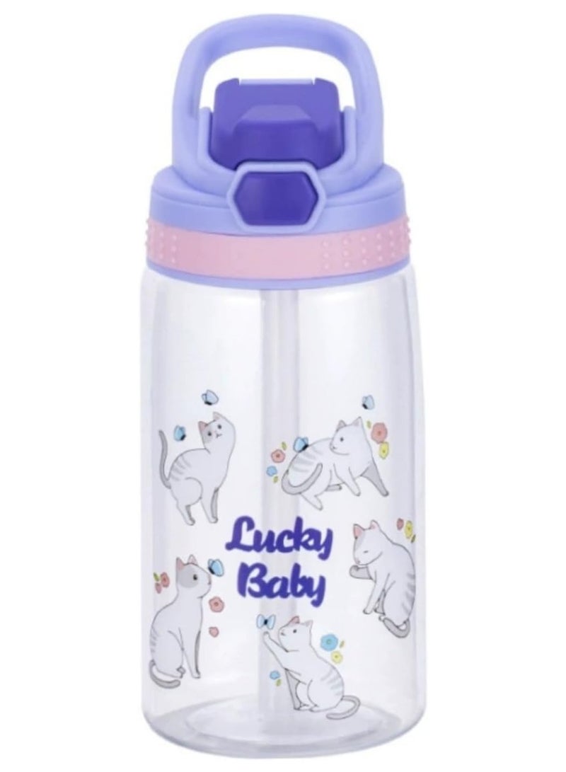 AUTOYSUR زجاجات مياه، كوب ماء بلاستيكي كرتوني، زجاجات مياه للأطفال بقشة، زجاجة مياه شرب للأطفال سعة 480 مل، بمقبض حمل وزر سهل الاستخدام، كوب محكم الغلق ومضاد للتسرب بقشة (أرجواني) - Image 2