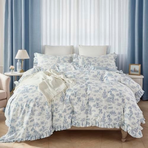 Brandream French Country Toile Queen Duvet Cover Set for Girl Women Bedroom Vintage Blue Toile Floral Print 100% Cotton Duvet Quilt Comforter Cover Pillow Shams Set with Delicate Ruffle Fringe - Image 4