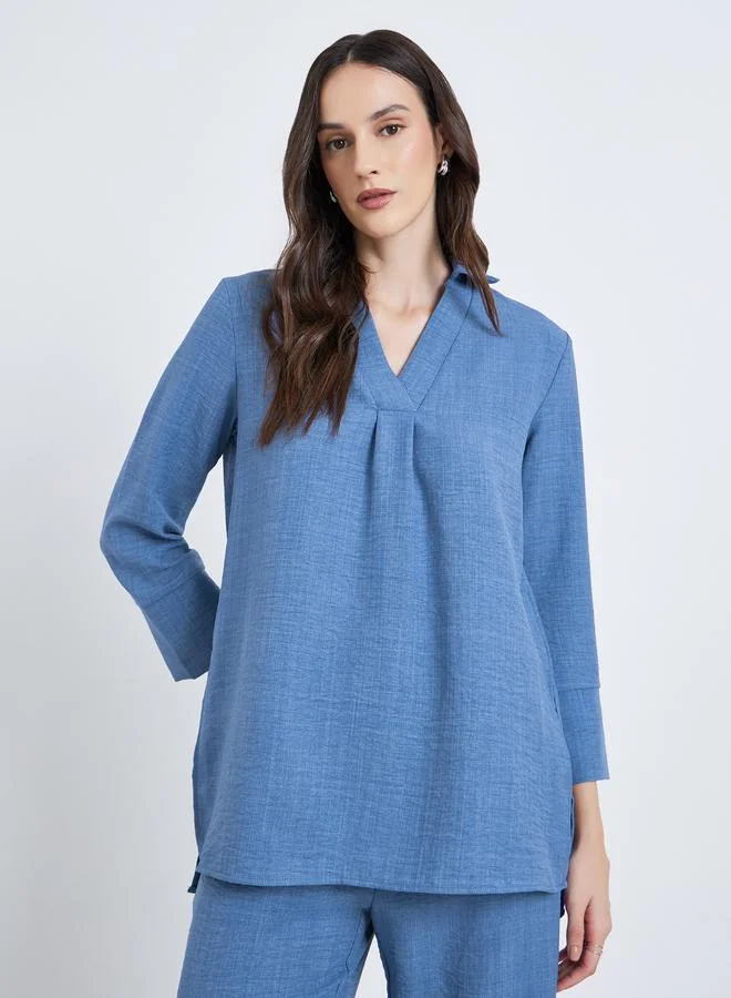 Styli Women Blue Longline Shirt with 3/4 Sleeve