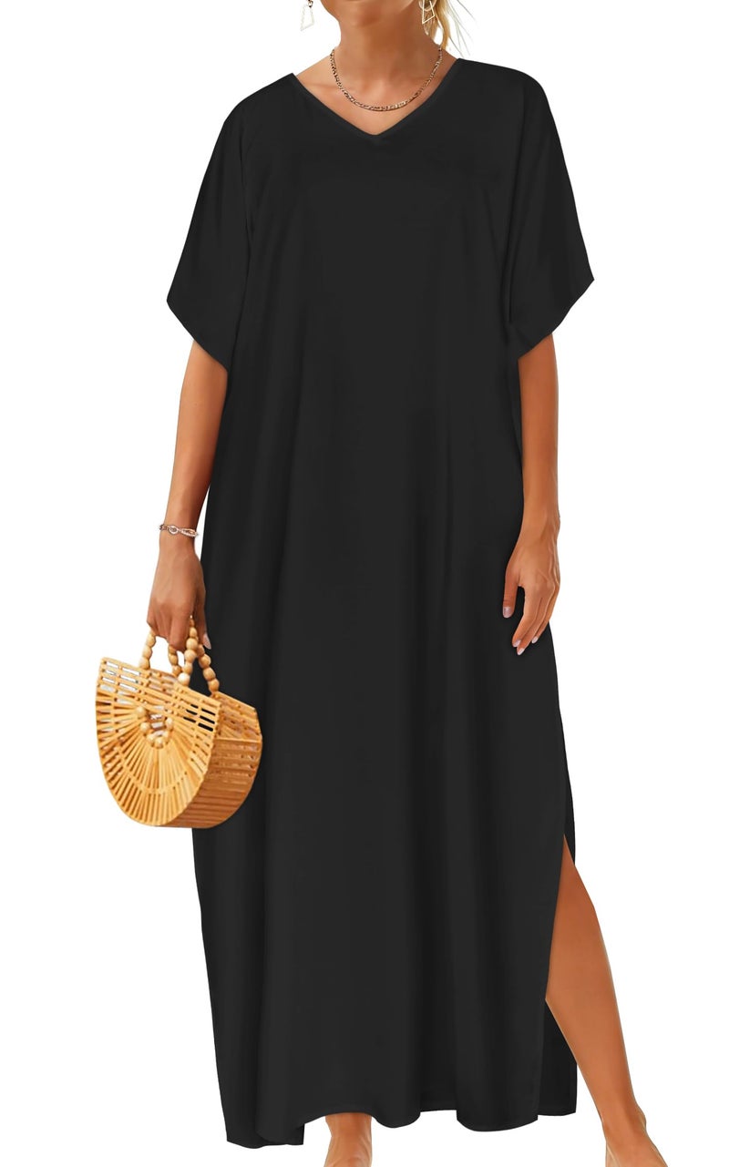 CHICGAL Kaftan Dresses for Women Oversized Long Batwing Sleeve Caftan V Neck Beach Cover Ups Summer Maxi Dress (Black,One Size) - Image 1
