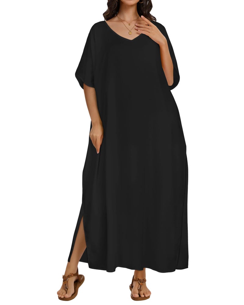 CHICGAL Kaftan Dresses for Women Oversized Long Batwing Sleeve Caftan V Neck Beach Cover Ups Summer Maxi Dress (Black,One Size) - Image 5