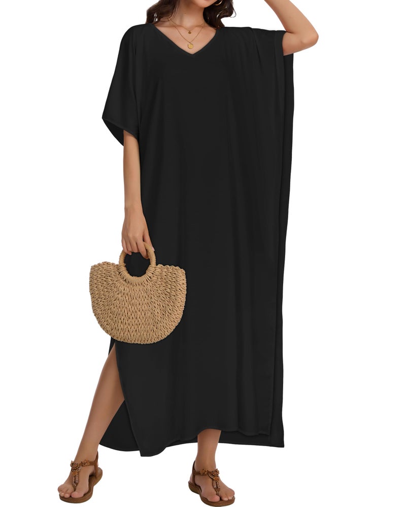 CHICGAL Kaftan Dresses for Women Oversized Long Batwing Sleeve Caftan V Neck Beach Cover Ups Summer Maxi Dress (Black,One Size) - Image 3