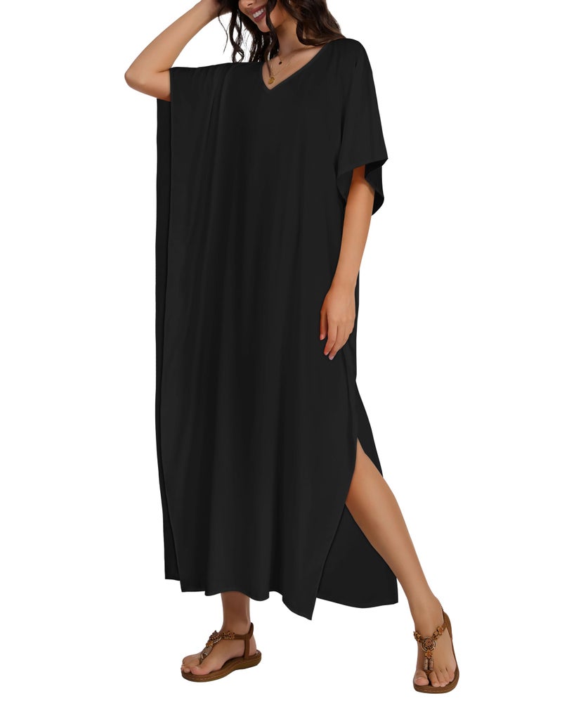 CHICGAL Kaftan Dresses for Women Oversized Long Batwing Sleeve Caftan V Neck Beach Cover Ups Summer Maxi Dress (Black,One Size) - Image 4