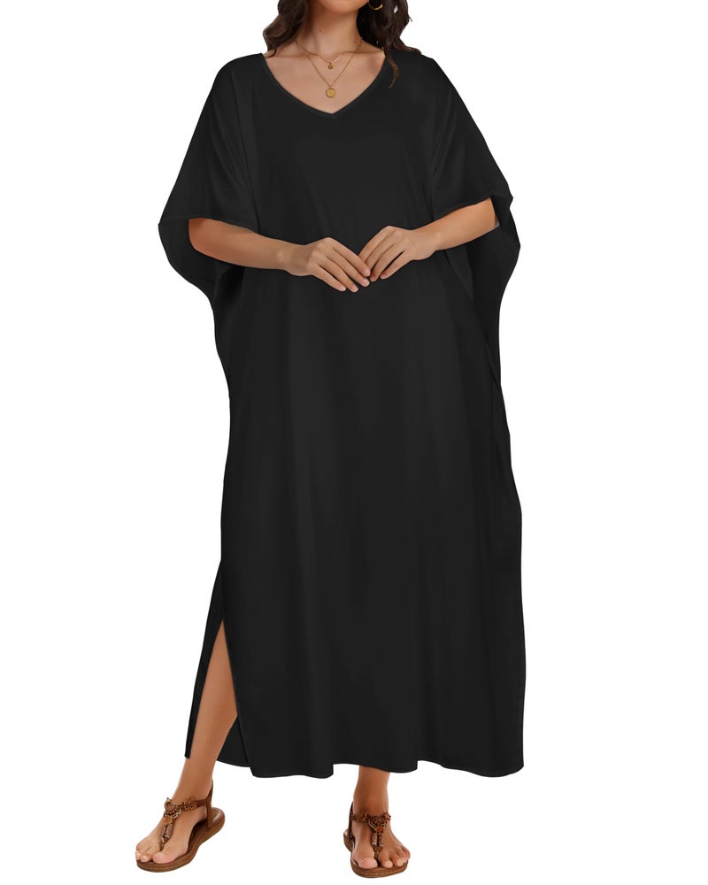CHICGAL Kaftan Dresses for Women Oversized Long Batwing Sleeve Caftan V Neck Beach Cover Ups Summer Maxi Dress (Black,One Size) - Image 2