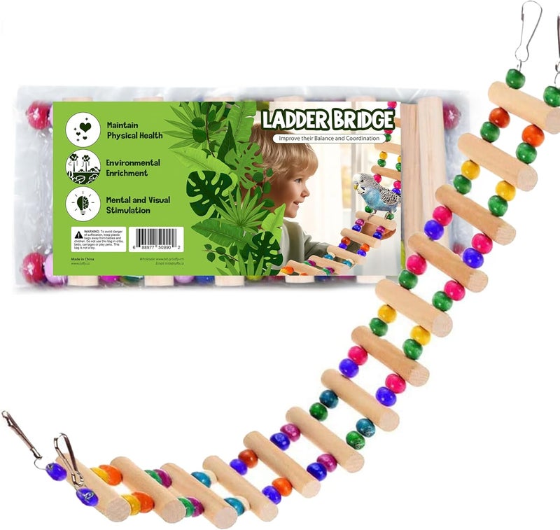 SunGrow Wooden Bird Ladder Bridge, Hanging Exercise Toy, Bird Playground Cage Accessory, Natural Wood, Edible Dye, Interactive Small Bird Toy, Parakeet, Cockatiel, Conure, Budgie Climbing Ladder - Image 1