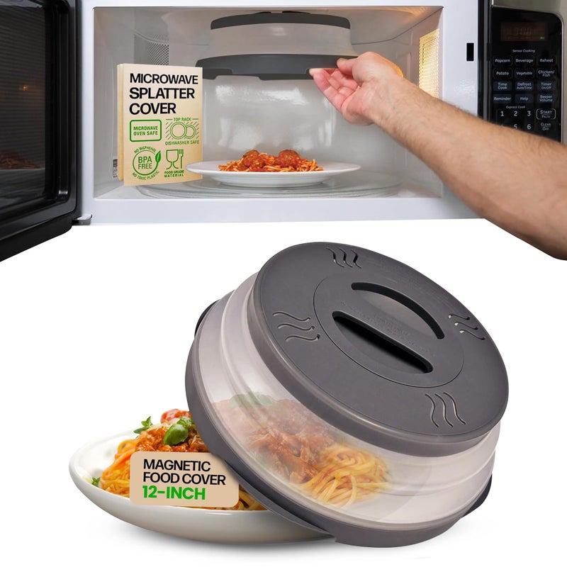 HOVER COVER Magnetic Microwave Splatter Cover with High Power Strongest Magnetic Grip Collapsible 12Inch BPAFree Food Lid Vented Plate Guard Dishwasher Safe SpaceSaving Storage Gray