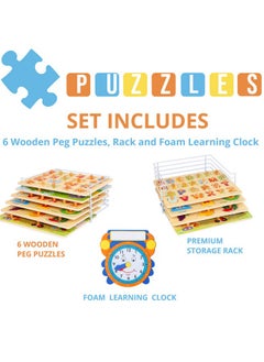 Asher and Olivia Premium Puzzles For Toddlers And Rack Set (7 Pack) Includes 1 Learning Clock 6 Alphabet, Numbers, Shapes, Animals, Cars, Fruits Puzzles  - Image 2