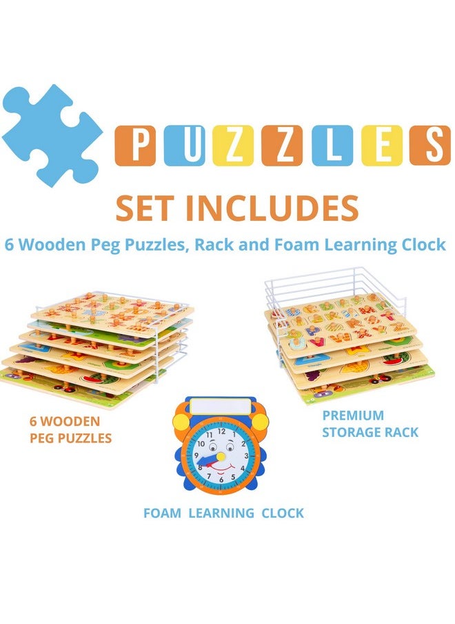 Asher and Olivia - Premium Puzzles For Toddlers And Rack Set (7 Pack) Includes 1 Learning Clock 6 Alphabet, Numbers, Shapes, Animals, Cars, Fruits Puzzles - Image 1