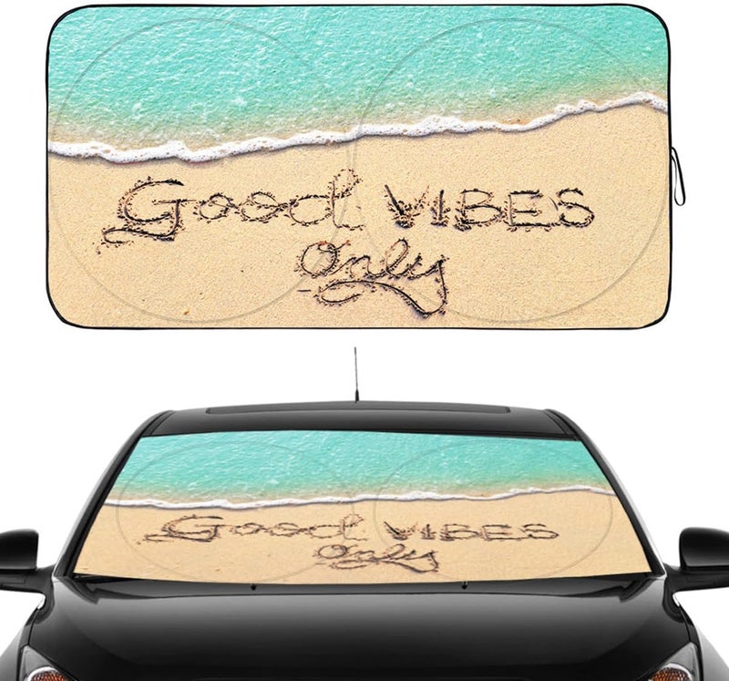 Güvenç Windshield Sun Shade, Car Front Window Shades Cute Sunshade Windshield Cover Sun Visor Shield Block Automotive Interior Protector Blocks UV Rays for Car Pickup Truck SUV (Good Vibes, L) - Image 1