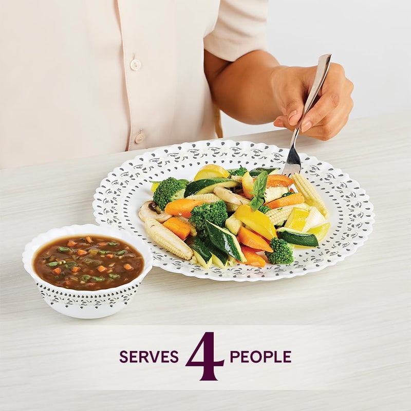 Larah by Borosil Ora Gold Fluted Series Opalware Dinner Set | 12 Pieces for Family of 4 | Microwave & Dishwasher Safe | Bone-Ash Free | Crockery Set for Dining & Gifting | Plates & Bowls | White