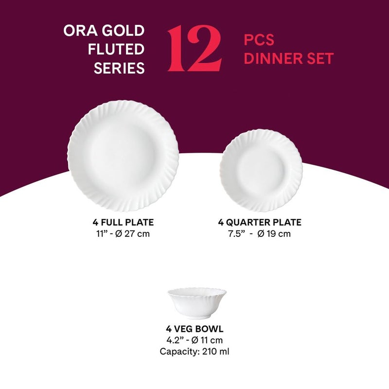 Larah by Borosil Ora Gold Fluted Series Opalware Dinner Set | 12 Pieces for Family of 4 | Microwave & Dishwasher Safe | Bone-Ash Free | Crockery Set for Dining & Gifting | Plates & Bowls | White
