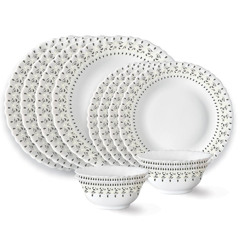 Larah by Borosil Ora Gold Fluted Series Opalware Dinner Set | 12 Pieces for Family of 4 | Microwave & Dishwasher Safe | Bone-Ash Free | Crockery Set for Dining & Gifting | Plates & Bowls | White