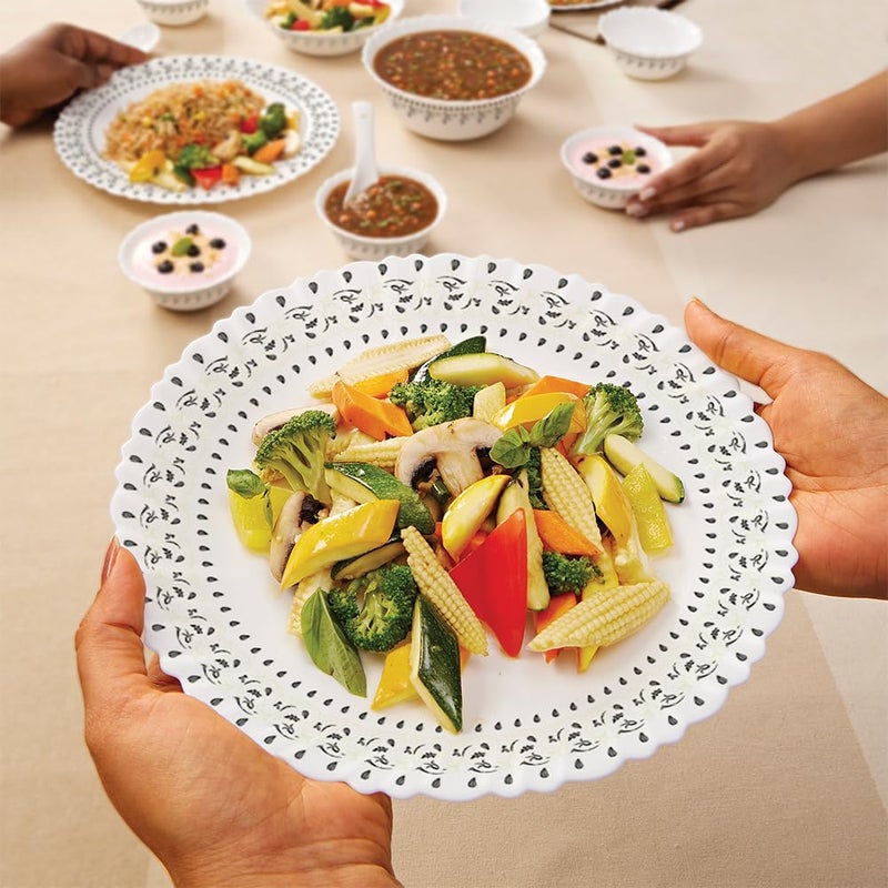 Larah by Borosil Ora Gold Fluted Series Opalware Dinner Set | 12 Pieces for Family of 4 | Microwave & Dishwasher Safe | Bone-Ash Free | Crockery Set for Dining & Gifting | Plates & Bowls | White