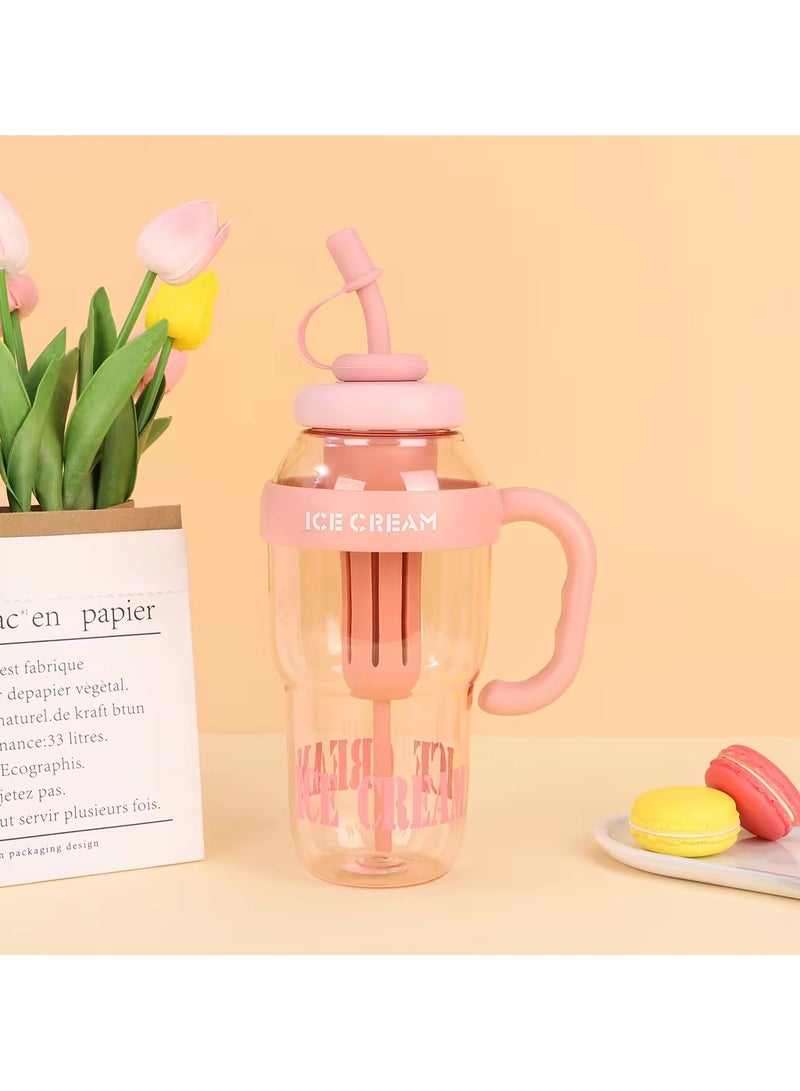 Exotic Large Capacity 1300ml Water Bottle with Straw and Handle Portable Stylish Cold Resistant Heat Resistant Leak Proof BPA Free - For Adults Students Office Car Outdoor - (Color: Pink) - Image 1