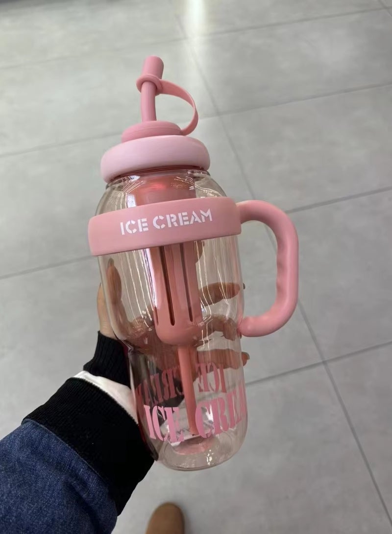 Exotic Large Capacity 1300ml Water Bottle with Straw and Handle Portable Stylish Cold Resistant Heat Resistant Leak Proof BPA Free - For Adults Students Office Car Outdoor - (Color: Pink) - Image 2