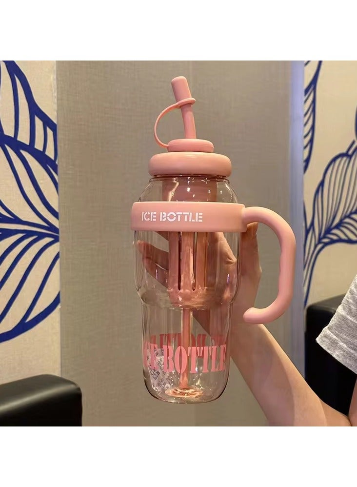 Exotic Large Capacity 1300ml Water Bottle with Straw and Handle Portable Stylish Cold Resistant Heat Resistant Leak Proof BPA Free - For Adults Students Office Car Outdoor - (Color: Pink) - Image 3