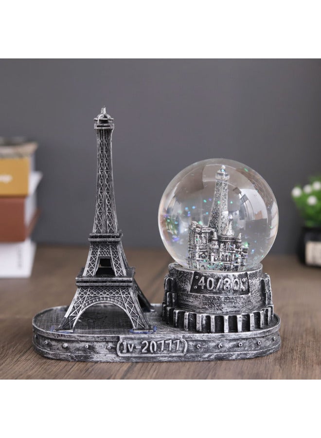 Hourglass Decoration Music Box Timer Tower Hourglass Quicksand Flash Music Retro Crystal Ball Student Gift-Color:H401 Tower + Lamp Silver