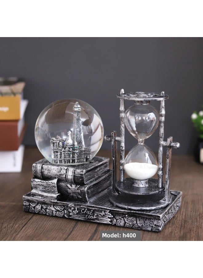 Hourglass Decoration Music Box Timer Tower Hourglass Quicksand Flash Music Retro Crystal Ball Student Gift-Color:H401 Tower + Lamp Silver
