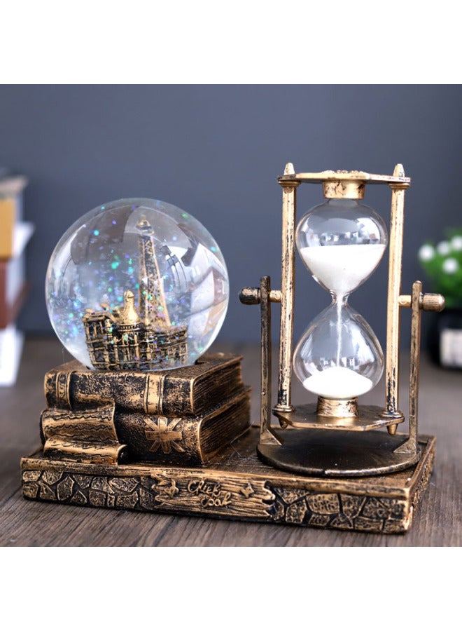 Hourglass Decoration Music Box Timer Tower Hourglass Quicksand Flash Music Retro Crystal Ball Student Gift-Color:H401 Tower + Lamp Silver