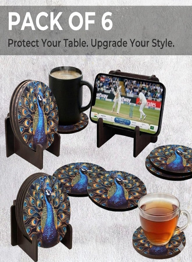 Kitchsy Wooden Coaster Set of 6 with Stand | Tea Coffee Cup Coasters | Table Protection Mats | Stylish Drink Coasters for Home Kitchen Dining | Hotel Use (4) - Image 2