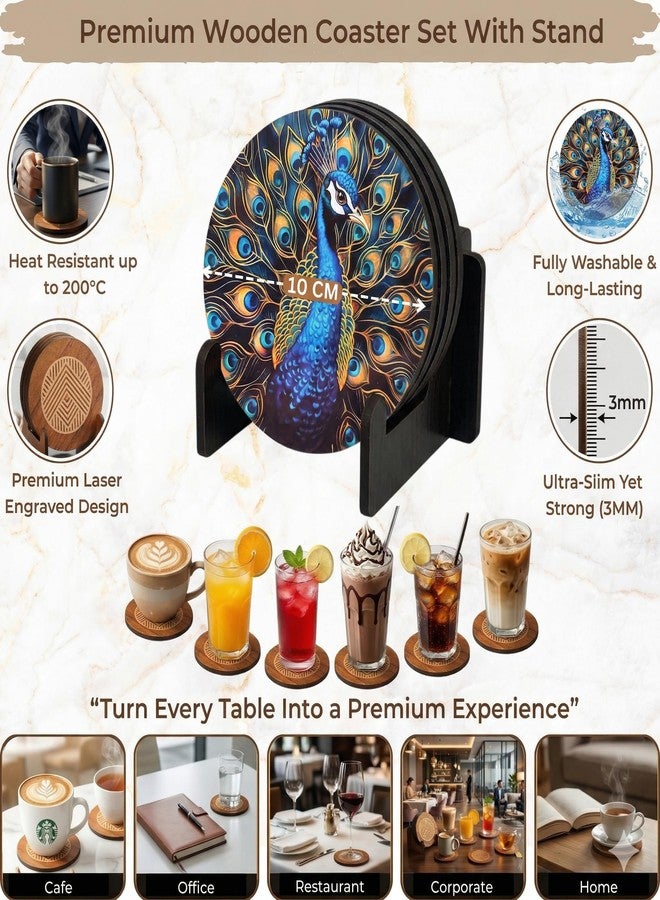Kitchsy Wooden Coaster Set of 6 with Stand | Tea Coffee Cup Coasters | Table Protection Mats | Stylish Drink Coasters for Home Kitchen Dining | Hotel Use (4) - Image 3