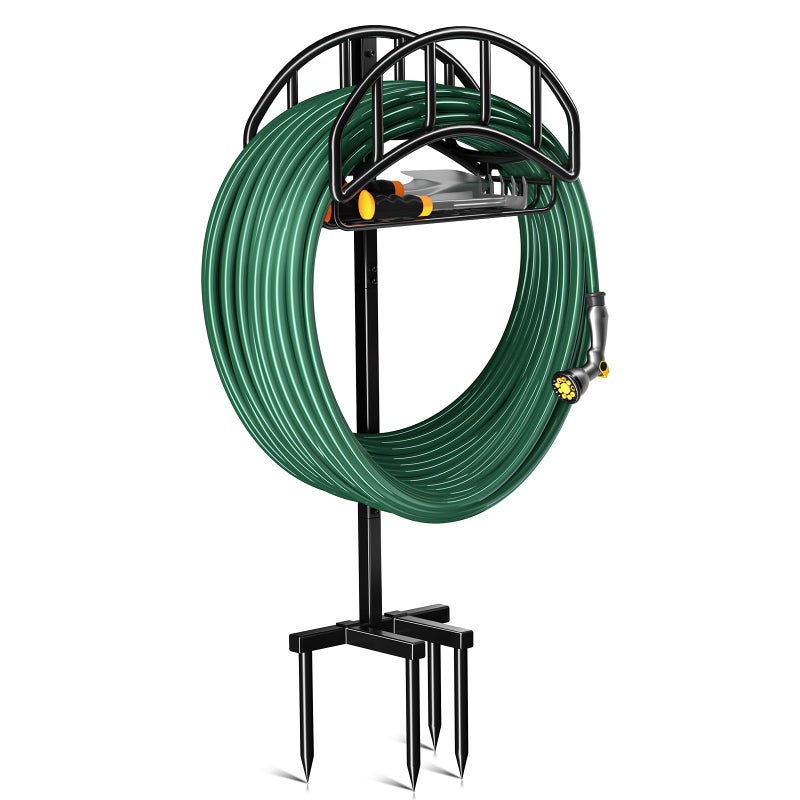 Kesfitt Garden Hose Holder Stand with Tool Storage Basket & 4 Spikes, Detachable Heavy Duty Metal Freestanding Outdoor Organizer for Lawn Yard Water Storage Rack - Image 1