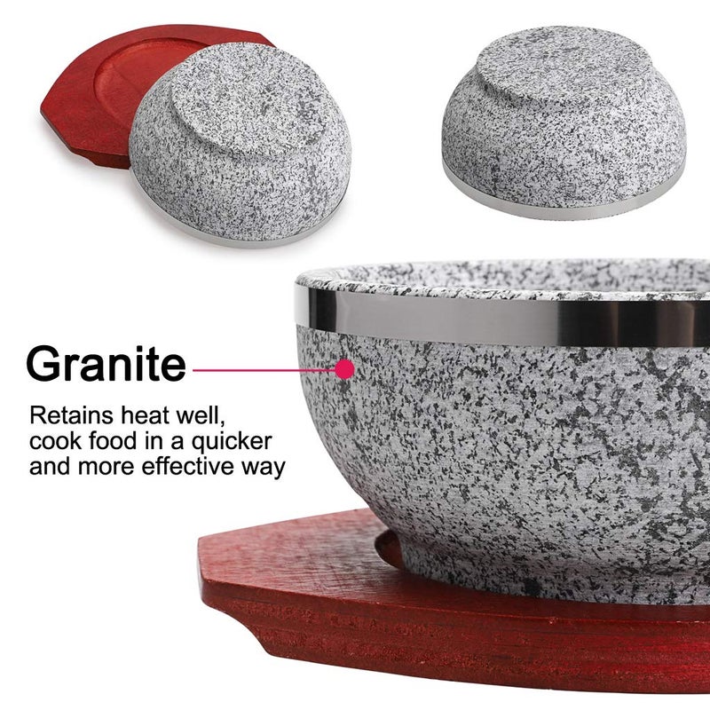 MDLUU 2 Pcs Dolsot Bibimbap Bowl 32 Oz, Granite Stone Bowl with Wood Base, Dolsot Pot for Korean Soup, Rice and Stew - Image 3