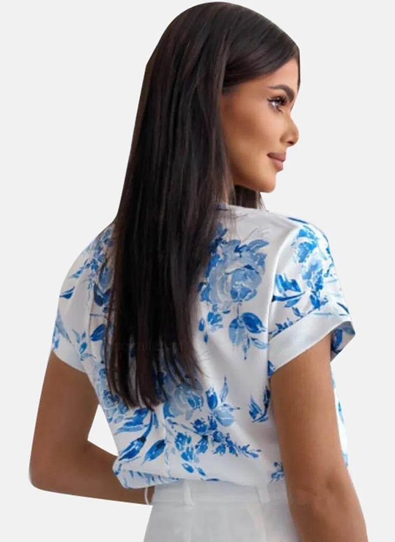 YUNIQEE Blue Floral Short Sleeve V Neck Tunics