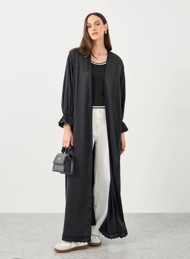 ستايلي Styli Women Black Lace Trim Regular Fit Maxi Kimono