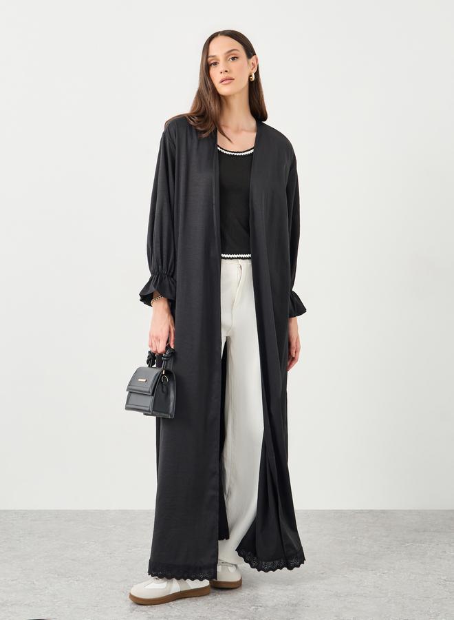 ستايلي كيمونو ماكسي نسائي أسود مزين بالدانتيل بقصة عادية - Image 1