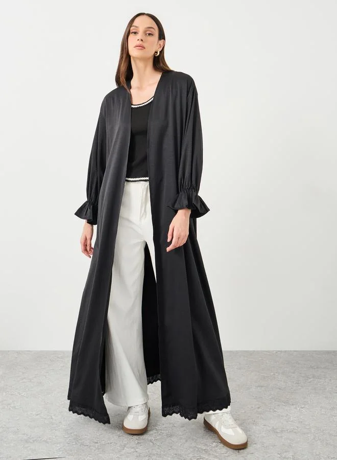 ستايلي Styli Women Black Lace Trim Regular Fit Maxi Kimono