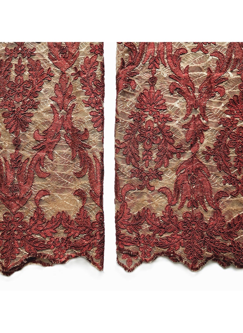 Generic - Burgundy Net Fabric with Gold Embroidery, 53" Wide, 1 Yard + 0.92 Yard, Perfect for Dresses, Tablecloths, Curtains, DIY Projects - Image 1