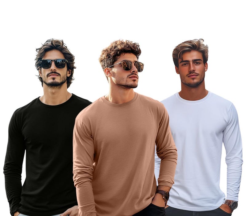 Veirdo® Pure Cotton Round Neck Regular Fit Solid Full Sleeve T-Shirt Combo for Men (PO3_V_FS_BK_CR_WT_S) - Image 1