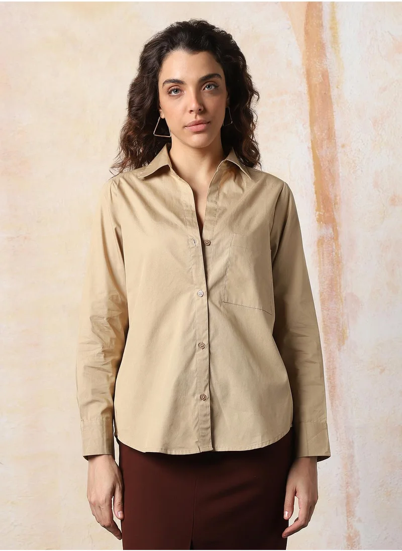 HIGH STAR Stay effortlessly stylish with this comfortable Beige Oversized Shirts Solid design crafted from 100% Cotton featuring Long Sleeves with Button closure.