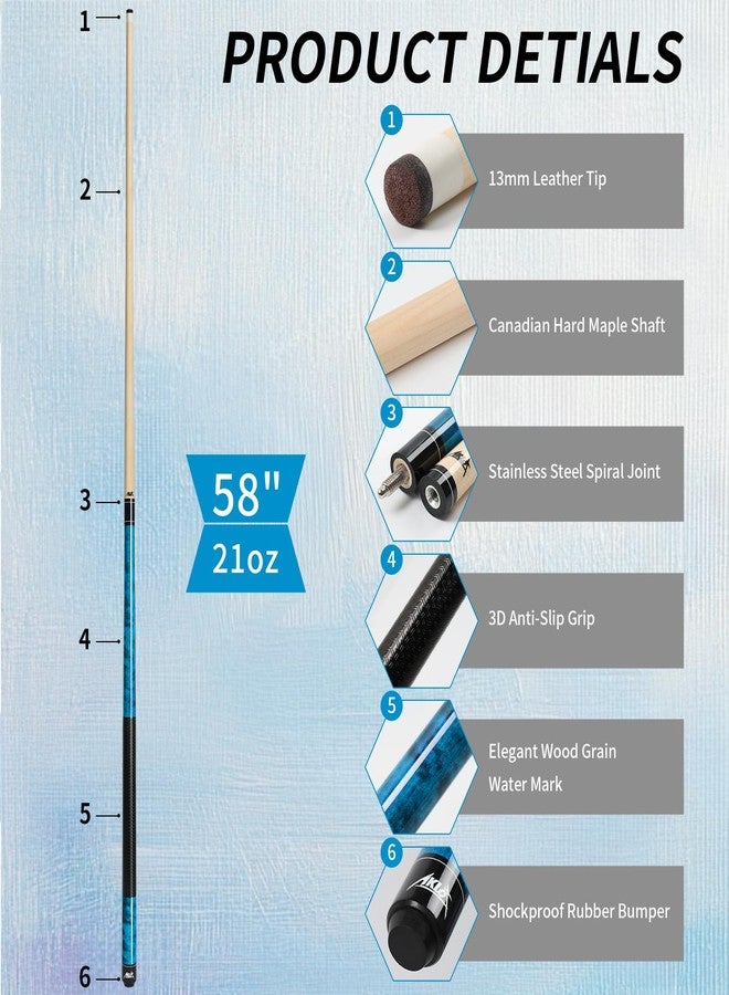 AKLOT Pool Cue Stick 58", 21oz, Premium Canadian Maple 1/2 Billiard Cue with 13mm Leather Tip, 3D Anti-Slip Grip, Seamless Joint, Table Billiard Pool Stick for Adults/Beginners/Pro Players, Blue - Image 2